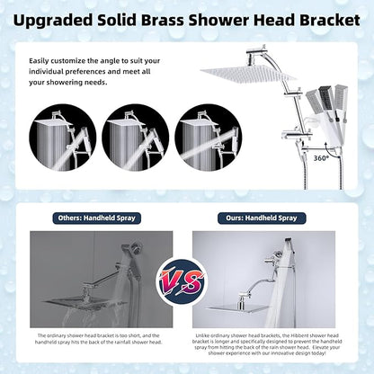 Hibbent All Metal 8'' Rainfall Shower Head, Square Shower Head Combo, High Pressure Handheld Shower Wand, 4 Sprays, 16'' Adjustable Arc-shaped Extension Arm, 71'' Hose, Showerhead Holder, Chrome