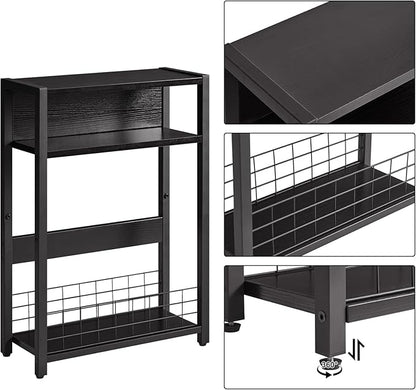 IBUYKE Narrow Side Table with Storage Shelf, 3 Tier End Table,Modern Sofa Table,Small Nightstand with Magazine Rack,Telephone Table for Small Spaces,for Living Room, Bedroom,Black UTMZ001B