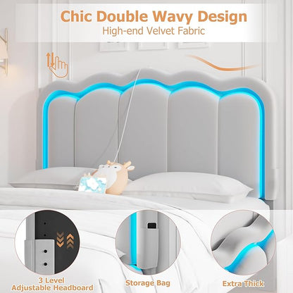 Full Upholstered LED Bed Frame with 2 Storage Drawers and Adjustable Chic Double Wavy Headboard, Velvet Prince Platform Bed with Charing Station, Solid Wood Slats Support,No Box Spring Needed,Grey