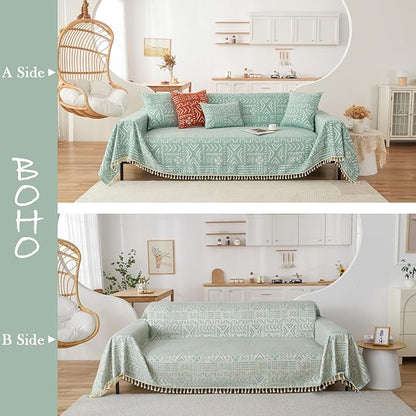 HANDONTIME Farmhouse Couch Cover Tassel Light Green Sofa Covers for Dogs Boho Décor Geometric Aztec Couch Cushion Cover Sofa Protector Cover Sectional Couch Covers for 3 Cushion Couch, 71" X134"