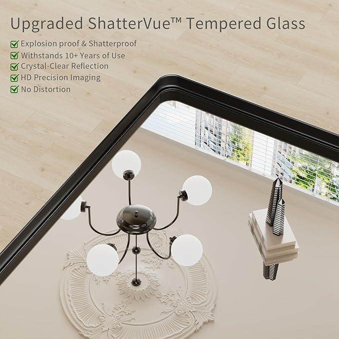 Koonmi Black Wall Mirror for Bathroom, 24x36 Inch Matte Deep Framed Rounded Rectangle Vanity Mirror for Farmhouse Living Room, Tempered Glass, Anti-Rust, Vertically or Horizontally