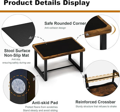 Wooden Step Stool with Non-Slip mat,Bed Steping Stool for Adult Hold up to 500lbs，Wood One Step for Kitchen, Bedroom, Living Room, Bathroom… (Brown)
