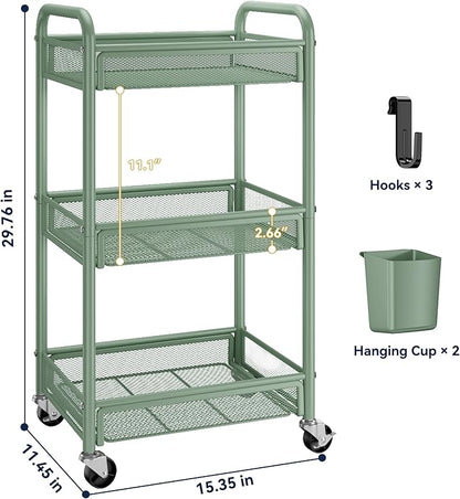 YASONIC 3 Tier Rolling Cart – Metal Utility Storage Cart with Wheels, Craft Carts Organizer with Hanging Cups, Hooks, Mesh Basket for Bedside Kitchen Office Art, Green