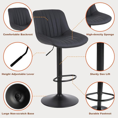 Bar Stools Set of 3, Swivel Counter Height Barstools with Back, Adjustable PU Leather Bar Chairs, Modern Armless Kitchen Island Stool, Black