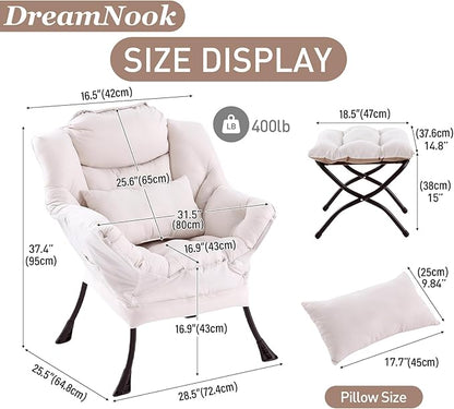 Lazy Chair with Ottoman, Modern Accent Chair with Lumbar Pillow, Comfy Chairs with Folding Footrest for Bedroom, Reading, Oversized Supportive Lounge Chairs(Beige)