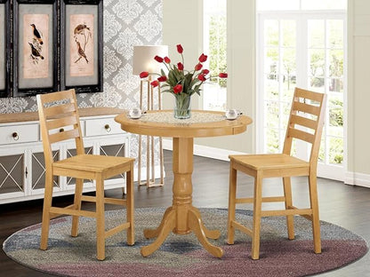 East West Furniture JACF3-OAK-W 3 Piece Counter Height Dining Set for Small Spaces Contains a Round Wooden Table with Pedestal and 2 Kitchen Chairs, 36x36 Inch, Oak