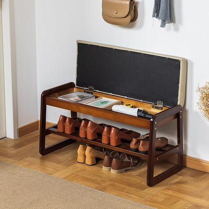 Solid Wood Shoe Bench, 2-Tier Entryway Bench with Cushion and Flip-Open Storage Box, Mid-Century Modern Shoe Bench Rack for Hallway, Mudroom(Gray, 31.5'')