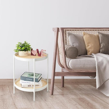 danpinera All Metal Side Table, 2 Tier Anti Rust Small Table with Imitation Rattan Pattern on Removable Trays for Living Room, White Round Nightstand for Bedroom, 20.47 Inch x 16.54 Inch Pearl White