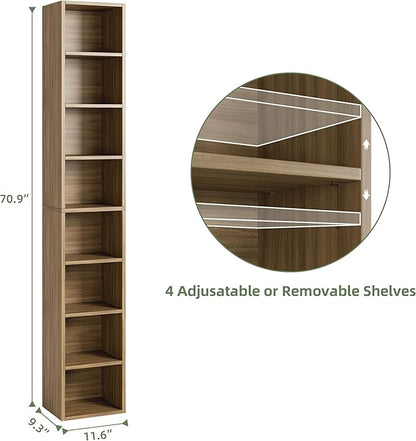 Bamjoy 71 Inches Tall Narrow Bookshelf, 8-Tier Slim CD DVD Media Shelf, Corner Bookcase with Adjustable Shelves, Cube Skinny Bookshelf for Home Office Small Space, Light Walnut