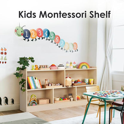 5-Section Wooden Toy Shelf for Kids, Montessori Shelf Storage with Open Shelving & Customizable Layout | Safe, Sturdy Design for Kids Room, Classroom & Playroom