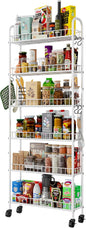 6 Tier Slim Rolling Storage Cart with Wheels, Metal Mobile Shelving Unit Organizer Utility Cart for Office Bathroom Kitchen Laundry Room Narrow Places (White 6 Inches)
