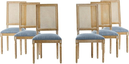 Merax Upholstered Solid Wood Dining Chairs Set of 6, French Country Style Accent Side Seating Furniture for Kitchen, Living Room, Wicker Back, Slate Blue