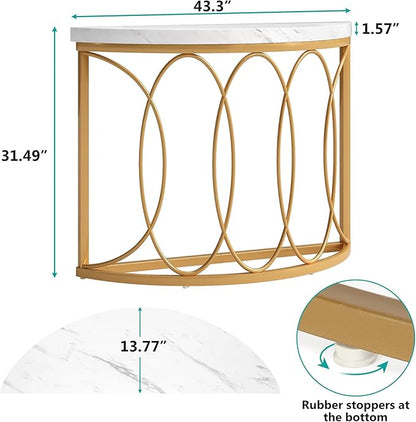 LITTLE TREE Half Moon Gold Console Table, 43 Inch Modern Faux Marble Entryway Table, Narrow Semi Circle Sofa Accent Table with Geometric Metal Frame for Living Room, Hallway