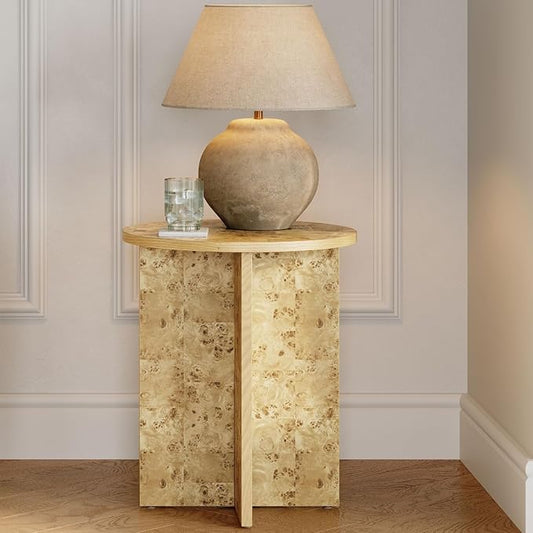 Round Natural Burl End Table for Living Room - 16" Round x 19.2" H - Lacquered Natural Finish & Solid Cross Base - Burled Side Table with Padded Feet - Versatile Nightstand