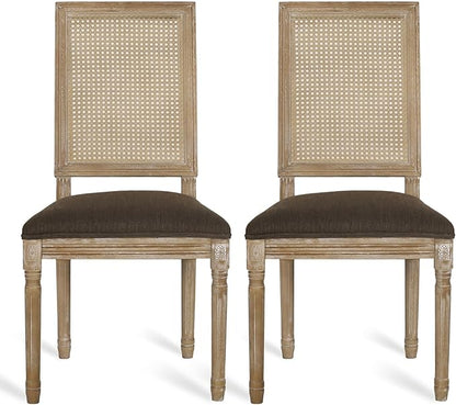 Merax Upholstered Solid Wood Dining Chairs Set of 2, French Country Style Accent Side Seating Furniture for Kitchen, Living Room, Wicker Back, Brown