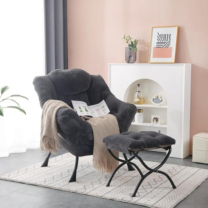 Lazy Chair with Ottoman, Modern Accent Chair Lounge Leisure Sofa Chair with Armrests, Reading Chair and Folding Footstool for Living Room, Bedroom, Office, Plush Navy