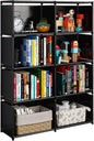 JIUYOTREE 5-Tiers Portable Bookshelf with Fabric Cloth at Back, 8 Cube Closet Storage Organizer Bookcase, Living Room,Study Room,Bedroom, Black