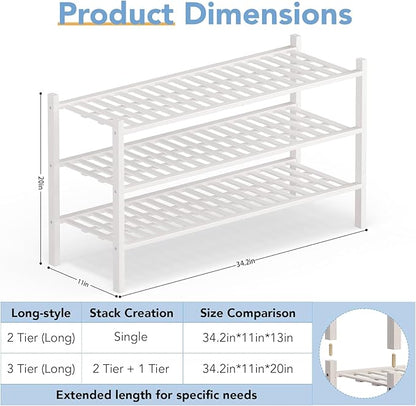 Haddockway Long 3 Tier Bamboo Shoe Rack Storage Organizer, Multifunctional Free Standing Stackable Shoe Shelf with Grid Panel for Closet,Hallway,Entryway,Small Space 34.2"x11"x20"(White, 3-Tier(Long))