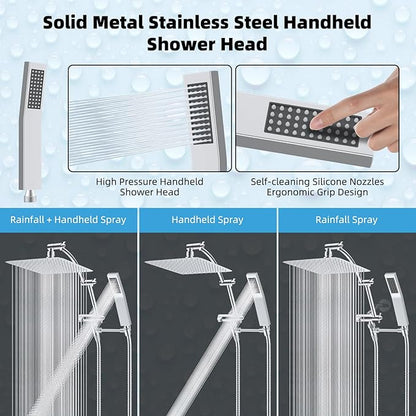 Hibbent All Metal 10'' Rainfall Shower Head, Dual Shower Head Combo, High Pressure Handheld Shower Wand, 16'' Adjustable Arc-shaped Shower Extension Arm, 71'' Hose, Showerhead Holder, Chrome