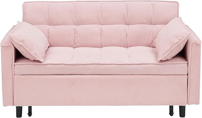 Ball & Cast Convertible Sofa Bed,Loveseat Sleeper Sofa W/Pull-Out Bed,Convertible Pull Out Couch W/2 Pillows,Adjustable Backrest&Side Pocket,Corduroy Futon Couches for Living Room,Apartment,Pink,54"