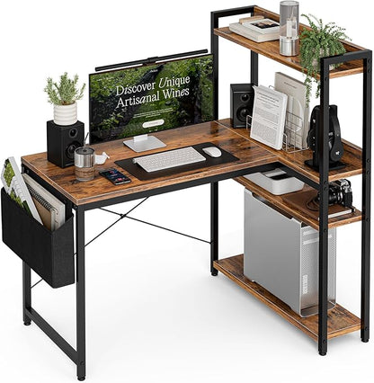 47 Inch L Shaped Computer Desk with Reversible Storage Shelves, Home Office Corner Desk Study Writing Table with Hutch, Study, Rustic Brown