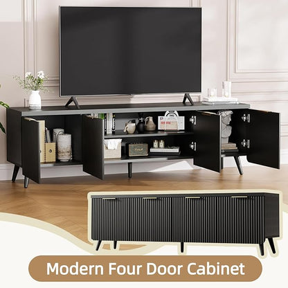 TV Stand for Up to 60" TVs, Modern Entertainment Center with 4 Cylindrical Stripe Doors, Media Console Table with Solid Wooden Legs, Modern TV Stand for Living Room, Bedroom, Black