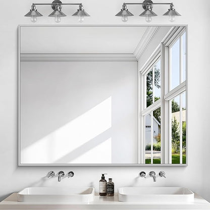 KOCUUY Silver Bathroom Mirror, 40"x48" Large Rectangular Mirror with Metal Frame, Brushed Nickel Vanity Mirror with Modern Design for Bathroom, Living Room, Entryway, Hang Horizontal/Vertical