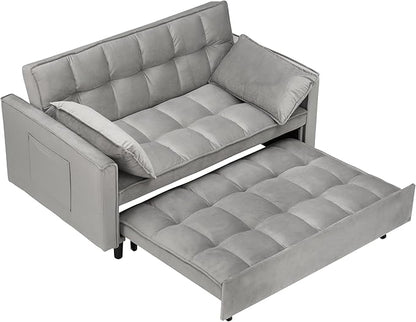 Ball & Cast Velvet Futon Sofa Couch with Pull-Out Bed,3 in 1 Convertible Sleeper Sofa Bed,Convertible Pull Out Couches W/2 Pillows,Adjustable Backrest & Side Pocket,for Living Room,Apartment,Gray,55"
