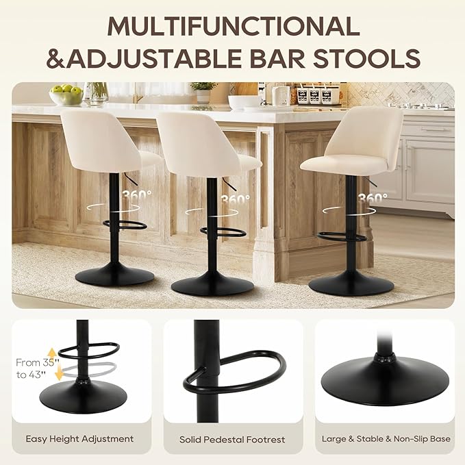 COLAMY Bar Stools Set of 2, Modern Swivel Bar Chairs, Adjustable Upholstered Barstools Counter Height with Full Backrest for Bar, Dining Room, Kitchen Island, Beige