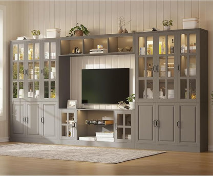 4-Piece Wall Unit TV Stand with Storage & LED Lights for TVs up to 75", Modern Entertainment Center with Bookshelves & 6-Door Pantry Cabinet, Gray