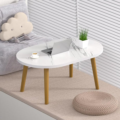 Small Coffee Table for Small Space, Low Table, Floor Table Desk for Sitting on The Floor, Japanese Coffee Table for Living Room, Tatami Tea Tables with Solid Wood Legs, Oval Coffee Tables, White