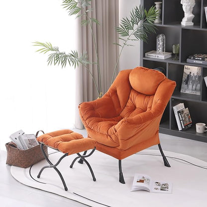 Lazy Chair with Folding Ottoman, Modern Accent Lounge Armchair with Armrests, a Side Pocket & Foldable Footstool, Leisure Reading Chair for Living Room, Bedroom, Dorm & Office, Velvet Orange
