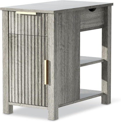 End Table with Charging Station 24'' Nightstand with Charging Station Vintage Side Table with Storage Wooden Sofa Side Table and Outlets Bedside Table for Living Room Office Bedroom (Grey)