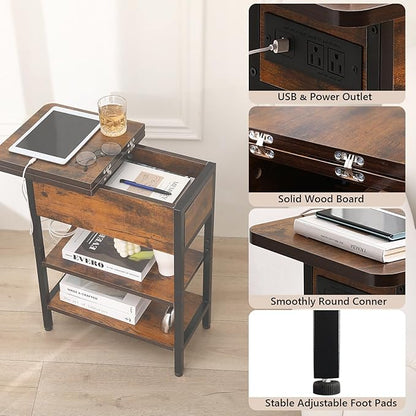 Modern End Table with Charging Station, Narrow Side Table with USB Ports & Outlets, Flip-Top Nightstand with Storage Shelf, Small Bedside Table for Living Room, Bedroom, Small Space,Rustic Brown