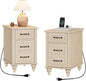 WAMPAT Set of 2 End Tables with Charging Station, Beige Tall Side Table with Storage Cabinet & Drawer, Wooden Nightstands with Power Outlets & USB Ports for Bedroom, Living Room
