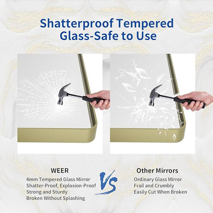 WEER Gold Bathroom Mirror, 40X32 Inch Brushed Gold Metal Frame Mirror, Rounded Rectangle Gold Bathroom Vanity Mirror for Wall, Tempered Glass, Anti-Rust, Hangs Horizontally or Vertically
