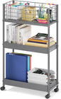 KINGRACK Slim Storage Rolling Cart, 3-Tier Metal Utility Cart with Wheels, Rolling Storage Cart, Skinny Storage Rolling Cart, Storage Trolley Cart for Office Kitchen Bathroom Narrow Place, Grey