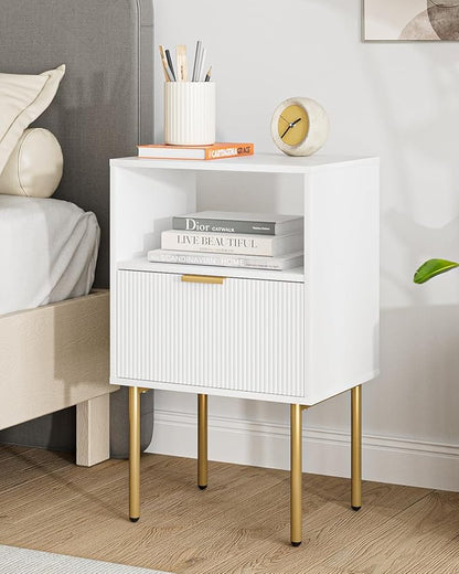 Masupu Night Stand, Mid-Century Bedside Table with Storage Drawer and Open Wood Shelf, Small Gold Frame Flueted Nightstand, Side Table for Bedroom, Living Room, White(Tall 25'')