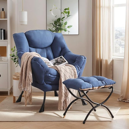 Large Lazy Chair with Ottoman, Accent Reading Chair with a Footrest, Cozy Lounge Armchair, Leisure Sofa Armchair for Living Room, Bedroom, Dorm Room, Office (Royal Blue)