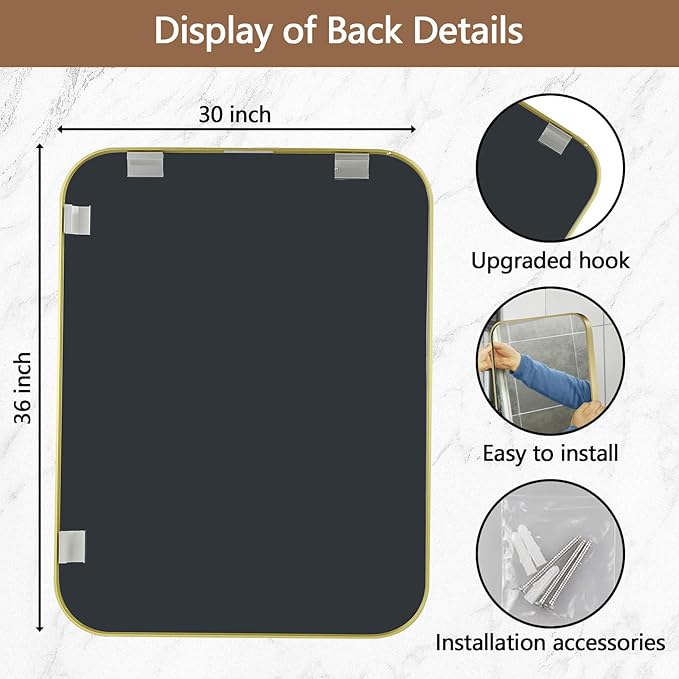 30x36 Inch Gold Mirror, Framed Rectangle Mirror with Rounded Corner, Brushed Brass Mirror, Gold Bathroom Mirror for Over Sink, Vanity, Living Room, Bedroom, Horizontal/Vertical