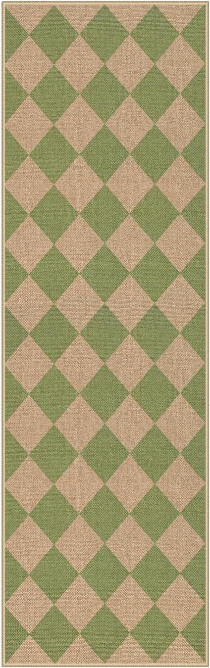 Lahome Checkered Green Runner Rug, 2x8 Carpet Runners for Hallway 8ft Non Slip Entryway Rug, Farmhouse Checkerboard Non Shedding Kitchen Mats for Floor Laundry Corridor