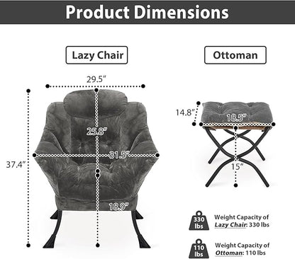 Lazy Chair with Folding Ottoman, Accent Chair Plush Upholstered with Metal Structure and Non-Slip Pads, Sofa Armchair with Footrest and Side Storage Bag for Dorm, Room, Office, Dark Gray