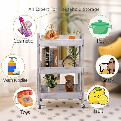 3-Tier Rolling Utility Cart with Lockable Wheels Storage Slim Storage Heavy Duty Cart Mobile Shelving Unit Craft Narrow Organizer for Bathroom Laundry Kitchen (Vintage Grey)