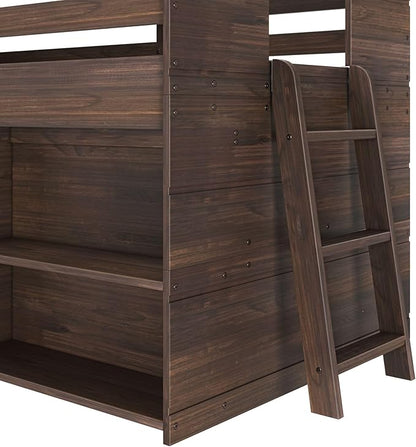 Max & Lily Modern Farmhouse Twin Low Loft Bed with Bookcase - Solid Wood, 15” Guardrails, 400-lb Capacity, Low-VOC Finish, Barnwood Brown