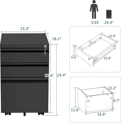 YITAHOME 3-Drawer Mobile File Cabinet with Lock, Office Storage Filing Cabinet for Legal/Letter Size, Pre-Assembled Metal File Cabinets Except Wheels Under Desk -Black