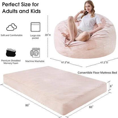 Bean Bag Chairs for Adults - Giant Bean Bag Chair Convertible Bean Bag Bed - Beanbag Chair with Micro Fiber Cover/Furniture Foam Filler - Floor Couch Sofa in Bedroom Dorm Room - Queen Pink