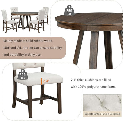 5 Pieces Dining Table Set with 42" Table,Living Room Furniture W/ 4 Upholstered Chairs,Tabletop Can be Adjusted from Round to Oval in Shape,for Restaurant,Home Bistro,Walnut