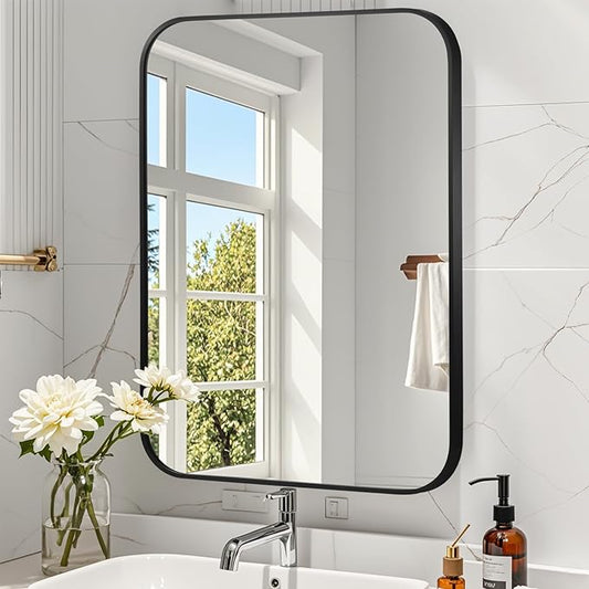 Matte Black Mirror, 24"x36" Rectangle Bathroom Mirror, Metal Frame Rectangle Corner Vanity Mirror, Wall Mounted Mirror for Modern, Living Room, Bedroom, Horizontal Or Vertical