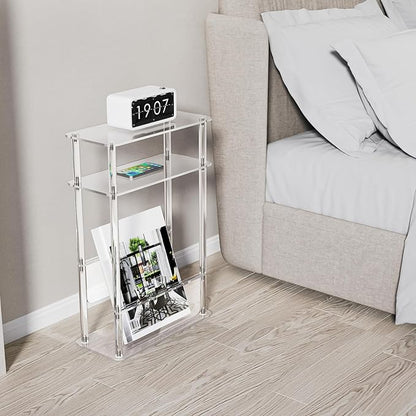 HMYHUM Acrylic Narrow End Table for Small Spaces with Magazine Holder, Slim Side Small Nightstand/Bedside Table for Living Room, Bedroom, 3 Tier, 15.7" L x 7" W x 23" H, Clear