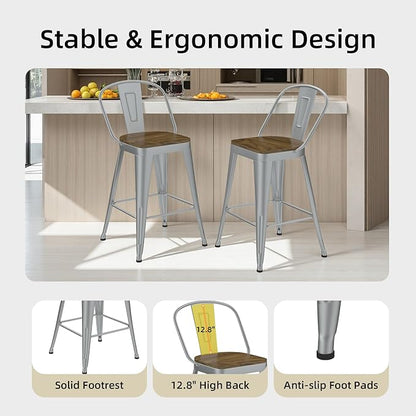 Metal Bar Stools Set of 4, High Back Bar Stools with Wooden Seat, 26 inch Silver Barstools for Kitchen Island